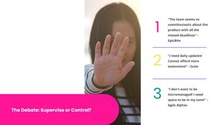The Debate: Supervise or Control?
1
"The team seems so
unenthusiastic about the
product with all the
missed deadlines" -
EpicBite
"I don't want to be
micromanaged! I need
space to be in my zone!" -
Agile Alphas
3
2
"I need daily updates!
Cannot aﬀord more
extensions!" - Suzie
 