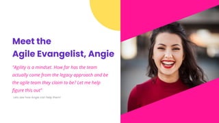 Meet the
Agile Evangelist, Angie
"Agility is a mindset. How far has the team
actually come from the legacy approach and be
the agile team they claim to be? Let me help
ﬁgure this out"
Lets see how Angie can help them!
 