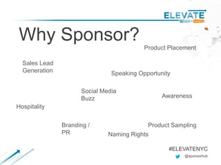 Why Sponsor?
@sponsorhub
#ELEVATENYC
Sales Lead
Generation
Hospitality
Social Media
Buzz
Branding /
PR
Speaking Opportunity
Product Placement
Product Sampling
Awareness
Naming Rights
 