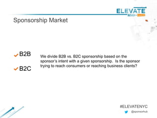 Sponsorship Market
@sponsorhub
#ELEVATENYC
We divide B2B vs. B2C sponsorship based on the
sponsor’s intent with a given sponsorship. Is the sponsor
trying to reach consumers or reaching business clients?
B2B
B2C
 