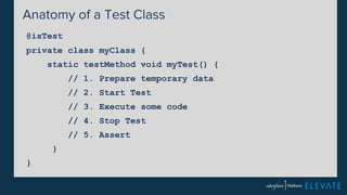 Anatomy of a Test Class 
@isTest 
private class myClass { 
static testMethod void myTest() { 
// 1. Prepare temporary data 
// 2. Start Test 
// 3. Execute some code 
// 4. Stop Test 
// 5. Assert 
} 
} 
 
