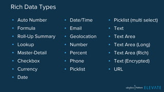 Rich Data Types 
▪ Auto Number 
▪ Formula 
▪ Roll-Up Summary 
▪ Lookup 
▪ Master-Detail 
▪ Checkbox 
▪ Currency 
▪ Date 
▪ Picklist (multi select) 
▪ Text 
▪ Text Area 
▪ Text Area (Long) 
▪ Text Area (Rich) 
▪ Text (Encrypted) 
▪ URL 
▪ Date/Time 
▪ Email 
▪ Geolocation 
▪ Number 
▪ Percent 
▪ Phone 
▪ Picklist 
 