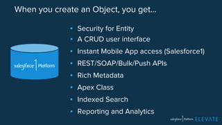 When you create an Object, you get… 
▪ Security for Entity 
▪ A CRUD user interface 
▪ Instant Mobile App access (Salesforce1) 
▪ REST/SOAP/Bulk/Push APIs 
▪ Rich Metadata 
▪ Apex Class 
▪ Indexed Search 
▪ Reporting and Analytics 
 