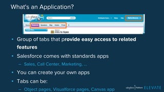 What's an Application? 
▪ Group of tabs that provide easy access to related 
features 
▪ Salesforce comes with standards apps 
– Sales, Call Center, Marketing, … 
▪ You can create your own apps 
▪ Tabs can be: 
– Object pages, Visualforce pages, Canvas app 
 