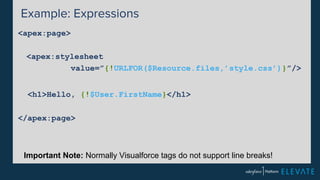 Example: Expressions 
<apex:page> 
<apex:stylesheet 
value=”{!URLFOR($Resource.files,’style.css’)}”/> 
<h1>Hello, {!$User.FirstName}</h1> 
</apex:page> 
Important Note: Normally Visualforce tags do not support line breaks! 
 