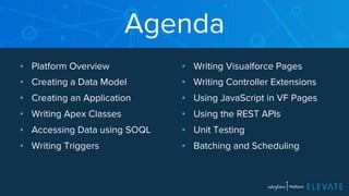 Agenda 
▪ Platform Overview 
▪ Creating a Data Model 
▪ Creating an Application 
▪ Writing Apex Classes 
▪ Accessing Data using SOQL 
▪ Writing Triggers 
▪ Writing Visualforce Pages 
▪ Writing Controller Extensions 
▪ Using JavaScript in VF Pages 
▪ Using the REST APIs 
▪ Unit Testing 
▪ Batching and Scheduling 
 