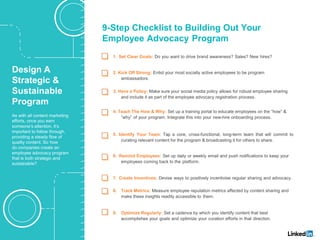 1. Set Clear Goals: Do you want to drive brand awareness? Sales? New hires?
2. Kick Off Strong: Enlist your most socially active employees to be program
ambassadors.
3. Have a Policy: Make sure your social media policy allows for robust employee sharing
and include it as part of the employee advocacy registration process.
4. Teach The How & Why: Set up a training portal to educate employees on the “how” &
“why” of your program. Integrate this into your new-hire onboarding process.
5. Identify Your Team: Tap a core, cross-functional, long-term team that will commit to
curating relevant content for the program & broadcasting it for others to share.
6. Remind Employees: Set up daily or weekly email and push notifications to keep your
employees coming back to the platform.
7. Create Incentives: Devise ways to positively incentivise regular sharing and advocacy.
8. Track Metrics: Measure employee reputation metrics affected by content sharing and
make these insights readily accessible to them.
8. Optimize Regularly: Set a cadence by which you identify content that best
accomplishes your goals and optimize your curation efforts in that direction.
Design A
Strategic &
Sustainable
Program
As with all content marketing
efforts, once you earn
someone’s attention, it’s
important to follow through,
providing a steady flow of
quality content. So how
do companies create an
employee advocacy program
that is both strategic and
sustainable?
9-Step Checklist to Building Out Your
Employee Advocacy Program
 