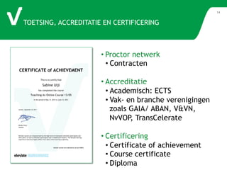 TOETSING, ACCREDITATIE EN CERTIFICERING 
14 
&(57,),&$7(RI$+,(9(0(17 
7KLVLVWRFHUWLIWKDW 
6DELQH8LMO 
KDVFRPSOHWHGWKHFRXUVH 
7HDFKLQJ$Q2QOLQHRXUVH 
,QWKHSHULRGRI0DWR-XQH 
8WUHFKW6HSWHPEHU 
5HQpH)LOLXV 
WHDFKHU 
(OHYDWHFRXUVHVDUHFKDUDFWHULVHGEWKHKLJKOHYHORILQWHUDFWLRQEHWZHHQSDUWLFLSDQWVDQG 
WKHLUSHHUVDVZHOODVEHWZHHQSDUWLFLSDQWVDQGHPRGHUDWRUVH[SHUWV7KH(OHYDWHOHDUQLQJ 
H[SHULHQFHWKHUHIRUHKLJKOGLIIHUVIURPRWKHURQOLQHOHDUQLQJDFDGHPLHV 
(OHYDWHFRXUVHVDUHHQGRUVHGE88DQG808 
Powered by TCPDF (www.tcpdf.org) 
• Proctor netwerk 
• Contracten 
• Accreditatie 
• Academisch: ECTS 
• Vak- en branche verenigingen 
zoals GAIA/ ABAN, VVN, 
NvVOP, TransCelerate 
• Certificering 
• Certificate of achievement 
• Course certificate 
• Diploma 
 