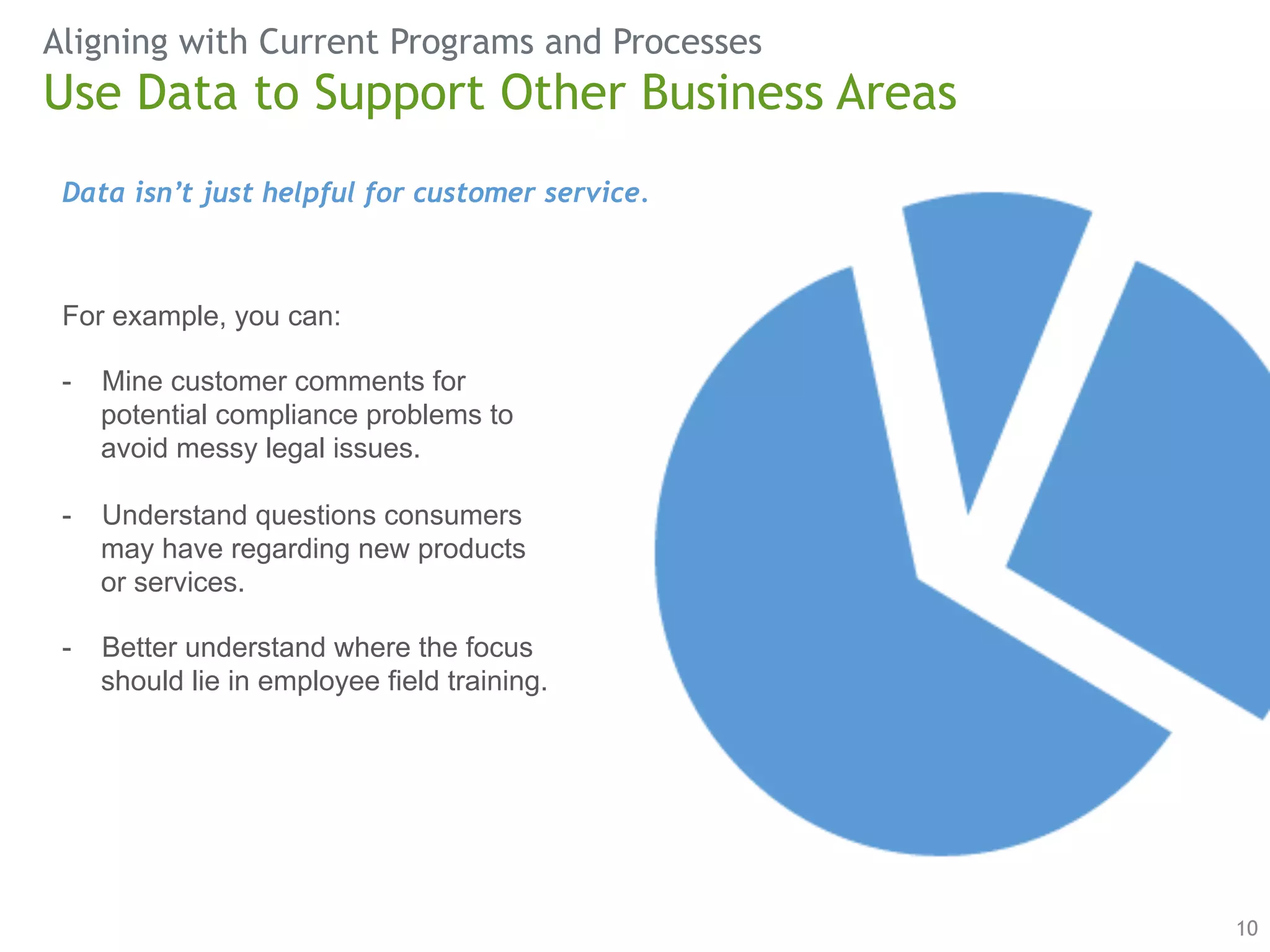 Aligning with Current Programs and Processes 
10 
Use Data to Support Other Business Areas 
Data isn’t just helpful for customer service. 
For example, you can: 
- Mine customer comments for 
potential compliance problems to 
avoid messy legal issues. 
- Understand questions consumers 
may have regarding new products 
or services. 
- Better understand where the focus 
should lie in employee field training. 
 