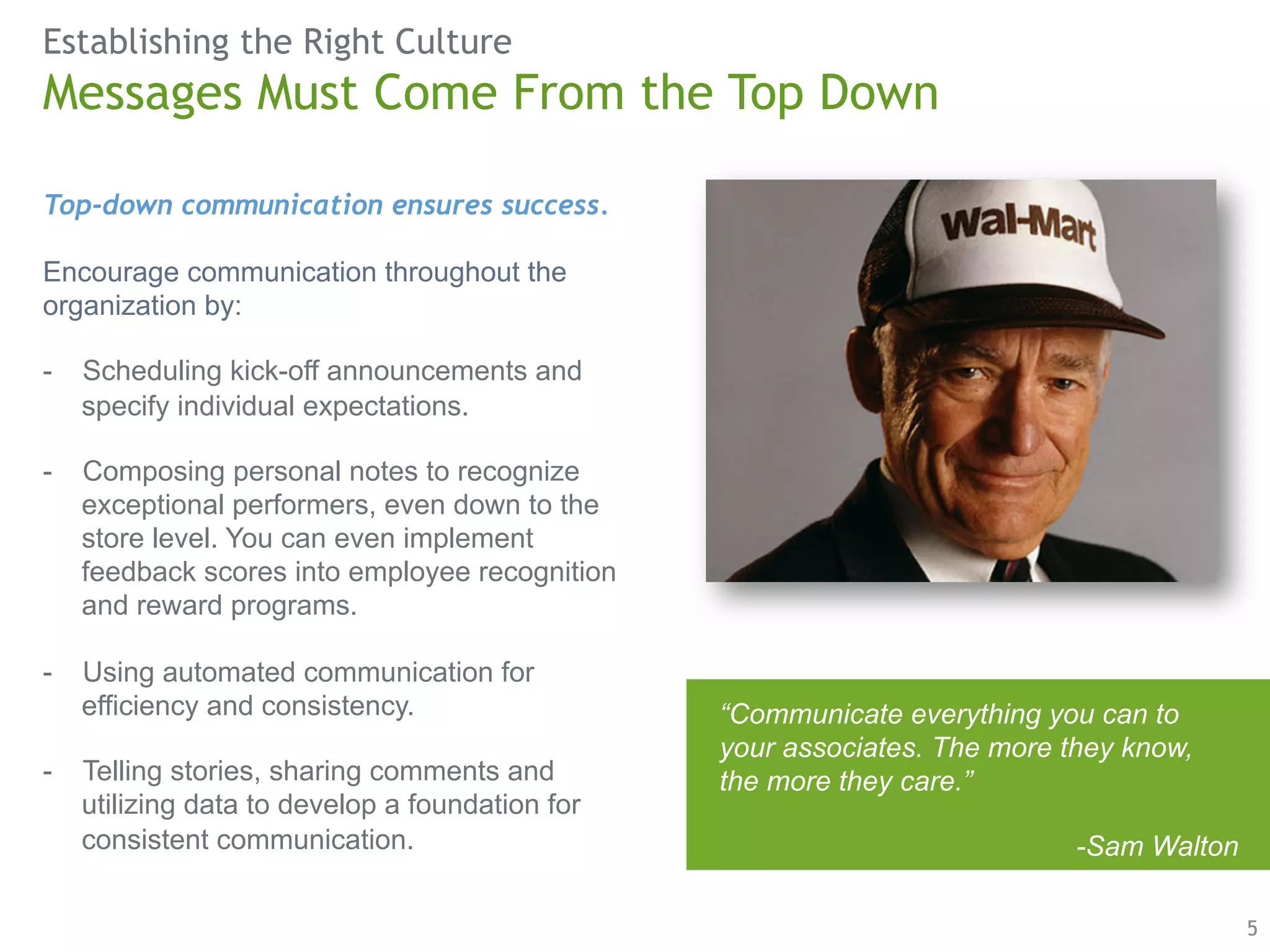 Establishing the Right Culture 
5 
Messages Must Come From the Top Down 
Top-down communication ensures success. 
Encourage communication throughout the 
organization by: 
- Scheduling kick-off announcements and 
specify individual expectations. 
- Composing personal notes to recognize 
exceptional performers, even down to the 
store level. You can even implement 
feedback scores into employee recognition 
and reward programs. 
- Using automated communication for 
efficiency and consistency. 
- Telling stories, sharing comments and 
utilizing data to develop a foundation for 
consistent communication. 
“Communicate everything you can to 
your associates. The more they know, 
the more they care.” 
-Sam Walton 
 