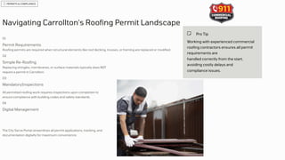 PERMITS & COMPLIANCE
Navigating Carrollton's Roofing Permit Landscape
01
Permit Requirements
Roofing permits are required ...