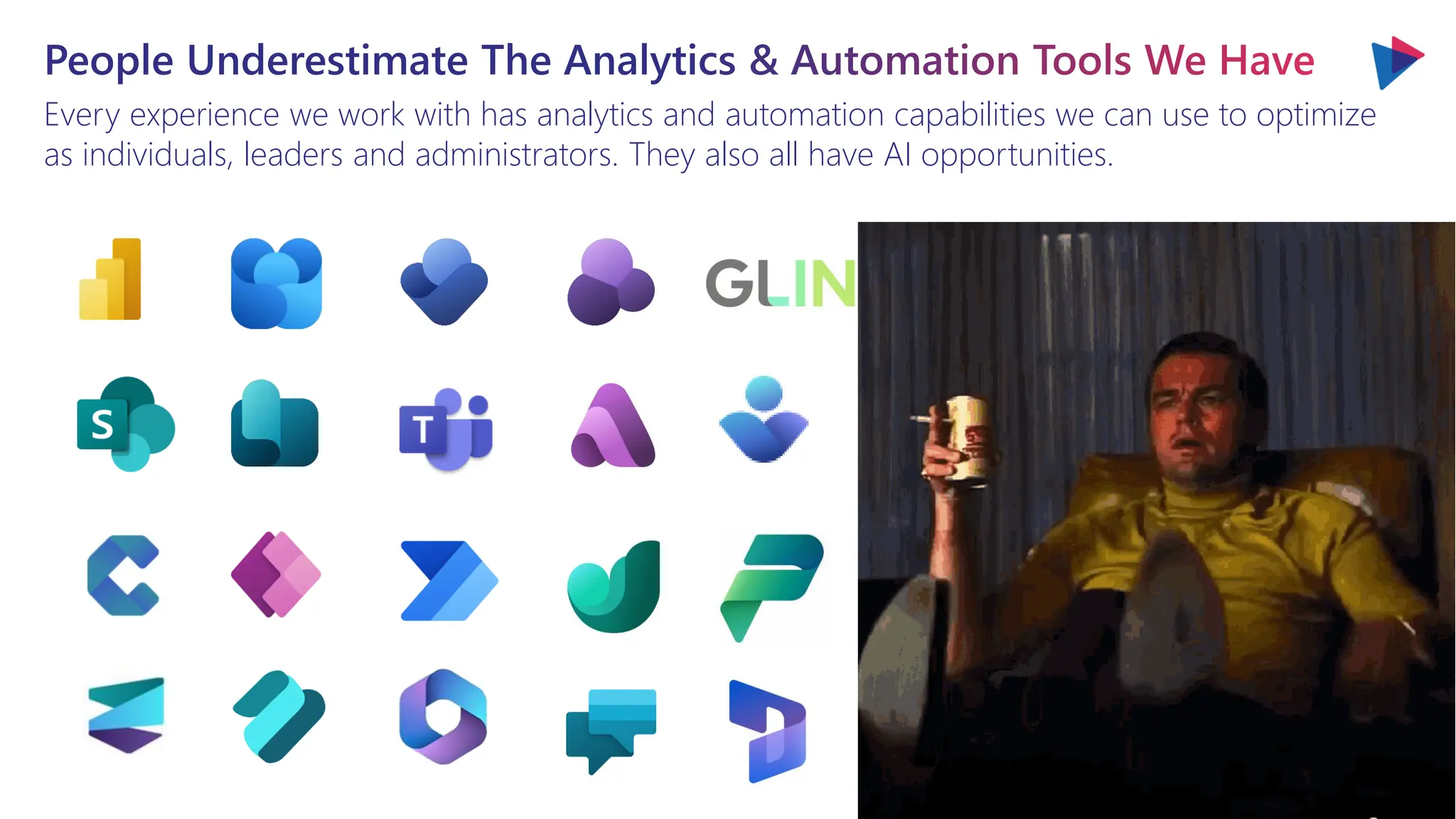 People Underestimate The Analytics & Automation Tools We Have
Every experience we work with has analytics and automation capabilities we can use to optimize
as individuals, leaders and administrators. They also all have AI opportunities.
 
