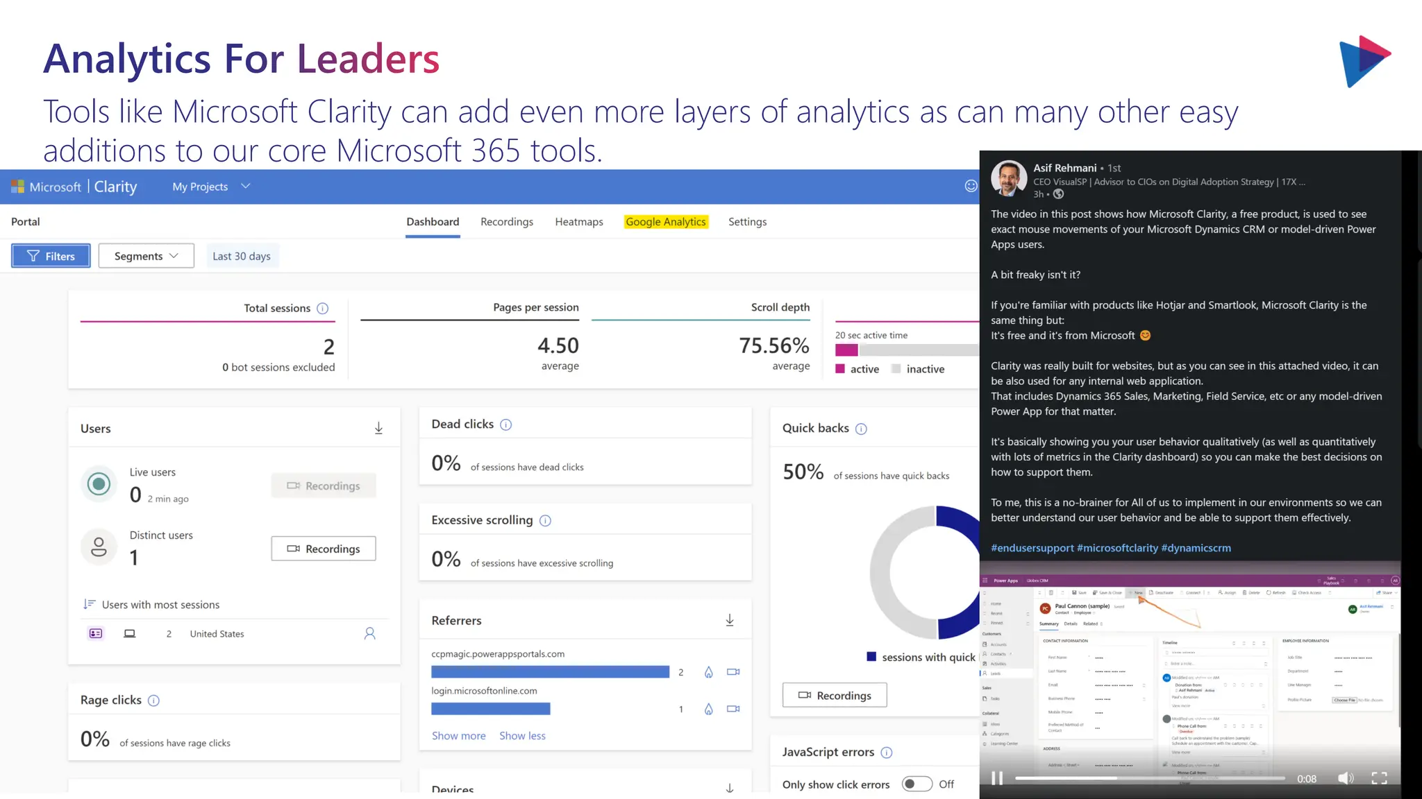 Analytics For Leaders
Tools like Microsoft Clarity can add even more layers of analytics as can many other easy
additions to our core Microsoft 365 tools.
 