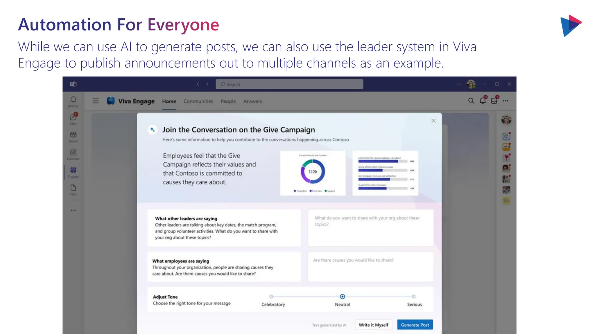 Automation For Everyone
While we can use AI to generate posts, we can also use the leader system in Viva
Engage to publish announcements out to multiple channels as an example.
 