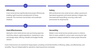 1
Efficiency
Crane rental services significantly boost project efficiency by
enabling rapid movement and placement of heavy
materials. This minimizes manual labor and accelerates
timelines.
2
Safety
With professional crane rental services, safety is paramount.
Specialized equipment and trained operators mitigate risks
associated with heavy lifting, ensuring a safer work
environment for all personnel.
3
Cost-Effectiveness
Opting for crane rental services over purchasing expensive
machinery reduces capital expenditure, maintenance costs,
and storage needs, offering a flexible and budget-friendly
solution.
4
Versatility
Modern crane rental services provide access to a diverse
fleet of cranes suitable for various tasks, ensuring the right
equipment is always available for unique project demands.
Crane rental services are essential for large projects, providing unmatched benefits in efficiency, safety, cost-effectiveness, and
versatility. They are indispensable for operations requiring precision and power.
 