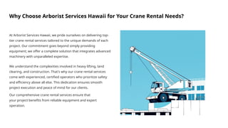 Why Choose Arborist Services Hawaii for Your Crane Rental Needs?
At Arborist Services Hawaii, we pride ourselves on delivering top-
tier crane rental services tailored to the unique demands of each
project. Our commitment goes beyond simply providing
equipment; we offer a complete solution that integrates advanced
machinery with unparalleled expertise.
We understand the complexities involved in heavy lifting, land
clearing, and construction. That's why our crane rental services
come with experienced, certified operators who prioritize safety
and efficiency above all else. This dedication ensures smooth
project execution and peace of mind for our clients.
Our comprehensive crane rental services ensure that
your project benefits from reliable equipment and expert
operation.
 