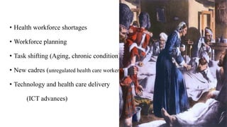 • Health workforce shortages
• Workforce planning
• Task shifting (Aging, chronic condition)
• New cadres (unregulated health care workers)
• Technology and health care delivery
(ICT advances)
 