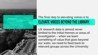 The final step to elevating voices is to
UX research data is almost never
limited to the initial themes or areas of
investigation – when we learn
something of value that goes beyond
our walls, we need to feed back to
relevant groups across the University.
elevate voices beyond the librar
.
 