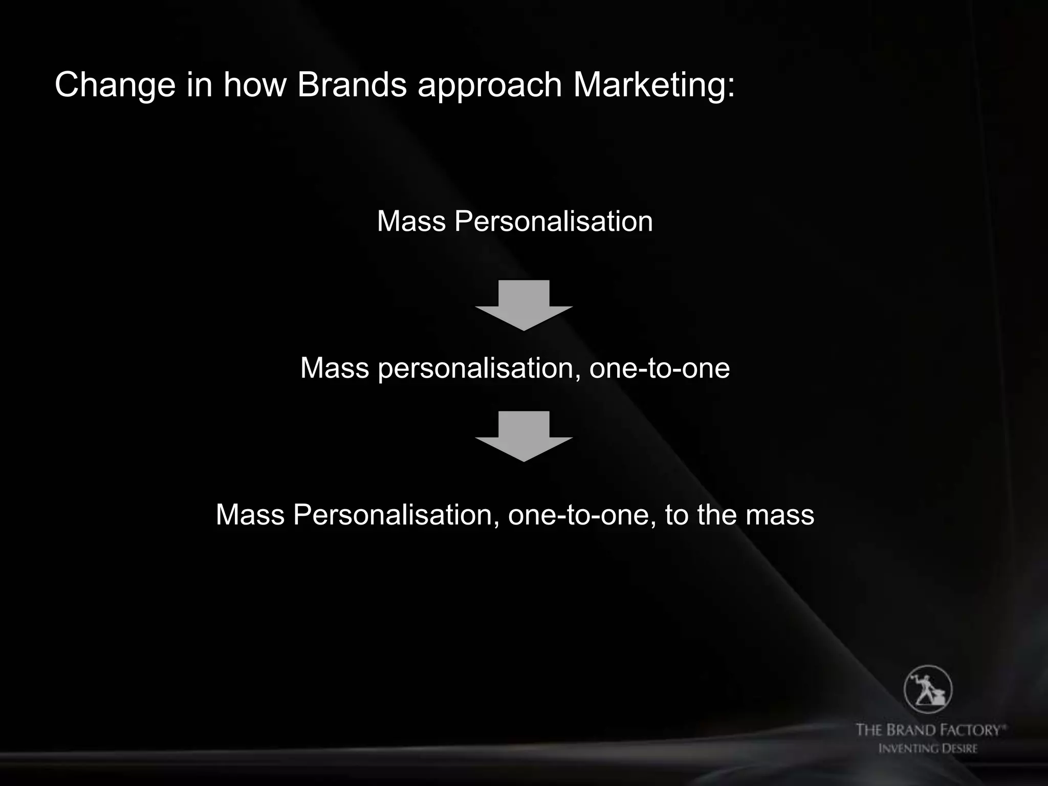 Change in how Brands approach Marketing:


                     Mass Personalisation




               Mass personalisation, one-to-one




         Mass Personalisation, one-to-one, to the mass
 