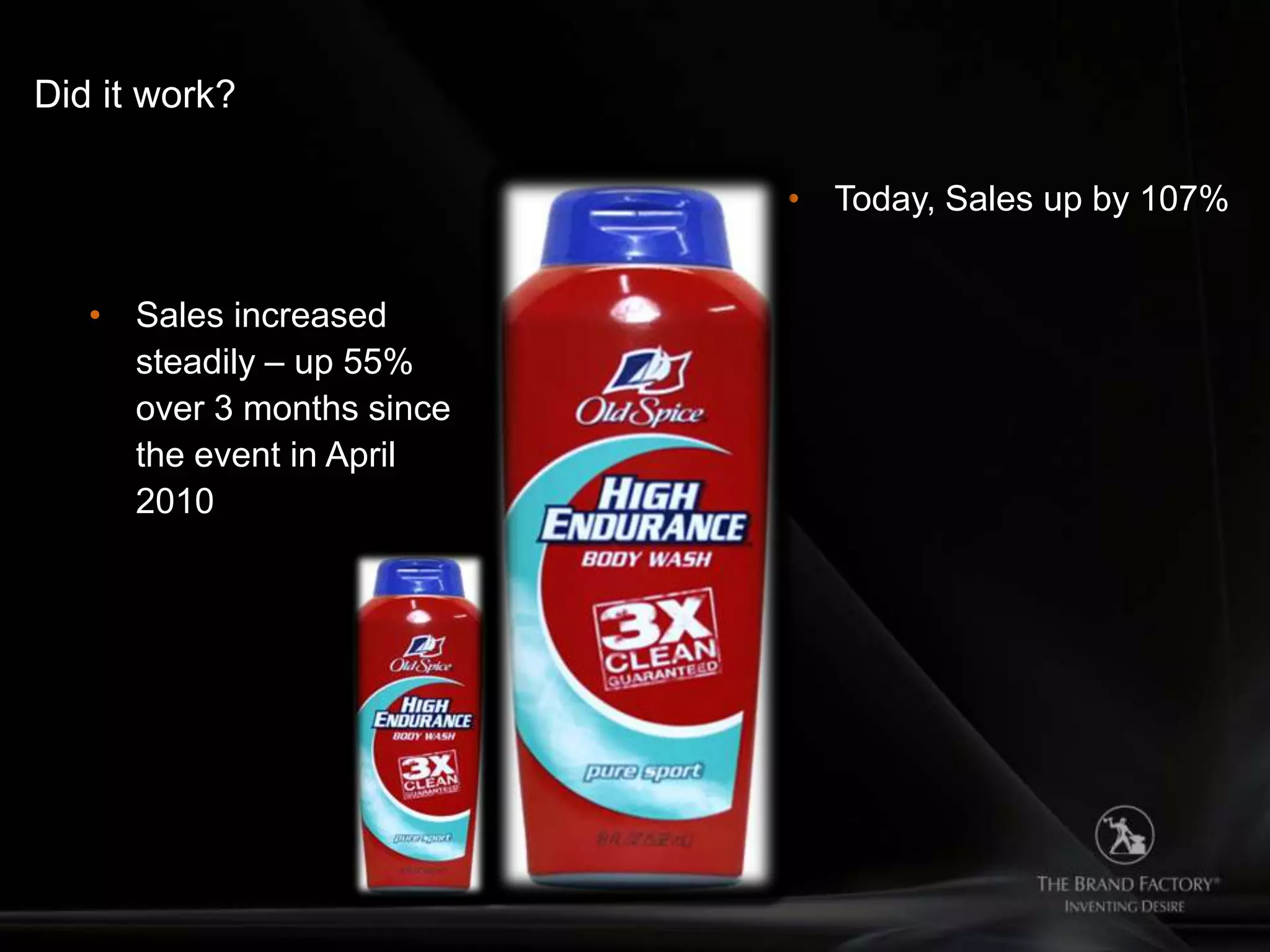Did it work?

                           • Today, Sales up by 107%


   • Sales increased
     steadily – up 55%
     over 3 months since
     the event in April
     2010
 