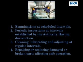 1. Examinations at scheduled intervals.
2. Periodic inspections at intervals
established by the Authority Having
Jurisdiction.
3. Cleaning, lubricating and adjusting at
regular intervals.
4. Repairing or replacing damaged or
broken parts affecting safe operation.
 