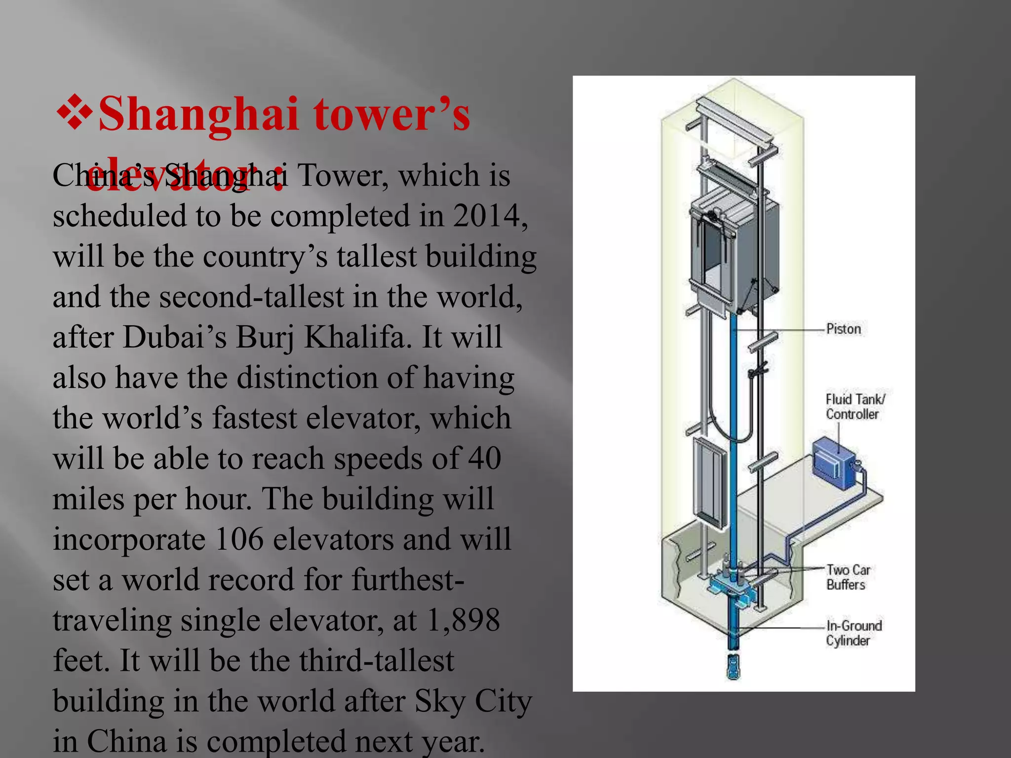 Shanghai tower’s 
Cheinlae’sv Sahtaongrh a:i Tower, which is 
scheduled to be completed in 2014, 
will be the country’s tallest building 
and the second-tallest in the world, 
after Dubai’s Burj Khalifa. It will 
also have the distinction of having 
the world’s fastest elevator, which 
will be able to reach speeds of 40 
miles per hour. The building will 
incorporate 106 elevators and will 
set a world record for furthest-traveling 
single elevator, at 1,898 
feet. It will be the third-tallest 
building in the world after Sky City 
in China is completed next year. 
 
