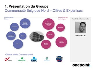 Leader de la Communauté
Dave DE ROOST
1. Présentation du Groupe
Communauté Belgique Nord – Offres & Expertises
Services
Publics
& Education
Industries
Médias
Banque &
Assurance
Oracle
Development
& Big Data
Java
Microsoft
Sécurité
Qualité
Logicielle
All–in IT
services
Plus proche des
Métiers
Plus proche des
technologies
Télécom
Clients de la Communauté
 
