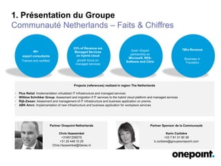 1. Présentation du Groupe
Communauté Netherlands – Faits & Chiffres
40+
expert consultants
Trained and certified
Projects (references) realized in region The Netherlands
• Plus Retial: Implementation virtualized IT infrastructure and managed services
• Willima Schrikker Group: Assesment and migration if IT services to the hybrid cloud platform and managed services
• Rijk-Zwaan: Assesment and management of IT infrastructure and business application on premis.
• ABN Amro: Implementation of new infrastructure and business application for workplace services
33% of Revenue are
Managed Services
on hybrid cloud
growth focus on
managed services
Gold / Expert
partnership on
Microsoft, RES-
Software and Citrix
7Mio Revenue
Business in
Transition
Partner Onepoint Netherlands
Chris Hazewinkel
+31651258275
+31 20 448 10 25
Chris.Hazewinkel@Qwise.nl
Partner Sponsor de la Communauté
Karin Corbière
+33 7 81 31 90 38
k.corbiere@groupeonepoint.com
 