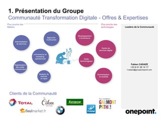Leaders de la Communauté
1. Présentation du Groupe
Communauté Transformation Digitale - Offres & Expertises
Approche
multicanale
e-Commerce et
marketing
opérationnel
Développement
e-Commerce
Centre de
services digital
Centralisation
et mobilité
Plus proche des
Métiers
Plus proche des
technologies
Digitalisation
des outils
commerciaux
Intermédiation
de services
Clients de la Communauté
Fabien CADAZE
+33 6 01 26 14 17
f.cadaze@groupeonepoint.com
Veille
technologique
Analyse du
marché
en ligne
 