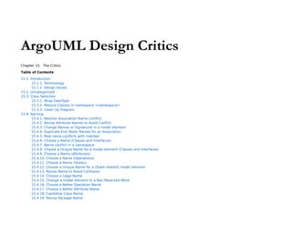 ArgoUML Design Critics
Chapter 15. The Critics
Table of Contents
15.1. Introduction
    15.1.1. Terminology
    15.1.2. Design Issues
15.2. Uncategorized
15.3. Class Selection
    15.3.1. Wrap DataType
    15.3.2. Reduce Classes in namespace <namespace>
    15.3.3. Clean Up Diagram
15.4. Naming
    15.4.1. Resolve Association Name Conflict
    15.4.2. Revise Attribute Names to Avoid Conflict
    15.4.3. Change Names or Signatures in a model element
    15.4.4. Duplicate End (Role) Names for an Association
    15.4.5. Role name conflicts with member
    15.4.6. Choose a Name (Classes and Interfaces)
    15.4.7. Name conflict in a namespace
    15.4.8. Choose a Unique Name for a model element (Classes and Interfaces)
    15.4.9. Choose a Name (Attributes)
    15.4.10. Choose a Name (Operations)
    15.4.11. Choose a Name (States)
    15.4.12. Choose a Unique Name for a (State related) model element
    15.4.13. Revise Name to Avoid Confusion
 