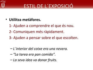 ESTIL DE L´EXPOSICIÓ

• Utilitza metàfores.
  1- Ajuden a comprendre el que és nou.
  2- Comuniquen més ràpidament.
  3- Ajuden a pensar sobre el que escolten.

  – L´interior del cotxe era una nevera.
  – “La tarea era pan comido”.
  – La seva idea va donar fruits.
 