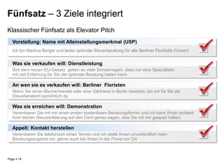 Fünfsatz – 3 Ziele integriert
Klassischer Fünfsatz als Elevator Pitch
Vorstellung: Name mit Alleinstellungsmerkmal (USP)
Ich bin Martina Berger und leiste optimale Steuerberatung für alle Berliner Floritistik-Firmen!

Was sie verkaufen will: Dienstleistung
Seit dem neuen EU-Gesetz gelten so viele Sonderregeln, dass nur eine Spezialistin
mit viel Erfahrung für Sie die optimale Beratung bieten kann

An wen sie es verkaufen will: Berliner Floristen
Wenn Sie einen Blumenhandel oder eine Gärtnerei in Berlin besitzen, bin ich für Sie als
Steueberaterin persönlich da

Was sie erreichen will: Demonstration
Vereinbaren Sie mit mir einen ersten kostenlosen Beratungsfermin und ich kann Ihnen anhand
ihrer letzten Steuererklärung auf den Cent genau sagen, was Sie mit mir gespart hätten.

Appell: Kontakt herstellen
Vereinbaren Sie telefonisch einen Termin und ich stelle Ihnen unverbindlich mein
Beratungsangebot vor, gerne auch bei Ihnen in der Firma vor Ort

Page  14

 