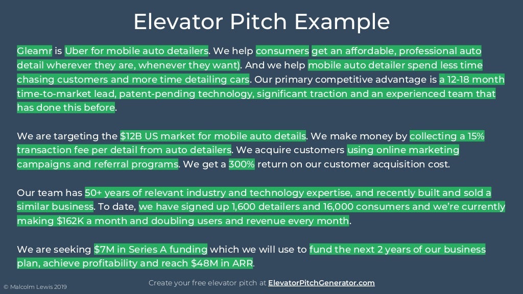 elevator pitch in business plan