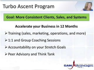 Turbo Ascent Program
Goal: More Consistent Clients, Sales, and Systems
Accelerate your Business in 12 Months
Training (sales, marketing, operations, and more)
1:1 and Group Coaching Sessions
Accountability on your Stretch Goals
Peer Advisory and Think Tank
 