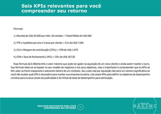 Fórmula:
1.) Receita de US$ 30.000 por mês / 60 vendas = Ticket Médio de US$ 500
2.) TM x 3 pedidos por ano x 5 anos por cliente = CLV de US$ 7.500
3.) CLV x Margem de contribuição (25%) = CPA de US$ 1.875
4.) CPA x Taxa de fechamento (10%) = CPL de US$ 187,50
Essa fórmula dá à Alberta Arts o valor máximo que pode ser gasto na aquisição de um novo cliente e ainda assim manter o lucro.
Sua fórmula ideal vai se basear no seu modelo de negócios e nos seus objetivos, mas o importante é compreender que os KPIs só
têm valor se forem exequíveis e estiverem dentro de um contexto. Seu custo real por aquisição não será um número signiﬁcativo se
você não souber qual CPA é necessário para manter sua empresa lucrativa. Use esses KPIs para deﬁnir os objetivos de desempenho
corretos para os seus canais de publicidade e ter linhas de base de desempenho para otimização.
eleve ao
suas aquisições de cliente
11
Seis KPIs relevantes para você
compreender seu retorno
SEIS KPIS RELEVANTES PARA VOCÊ
COMPREENDER SEU RETORNO
 
