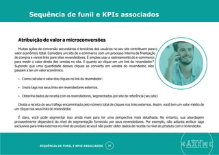 Atribuição de valor a microconversões
Muitas ações de conversão secundárias e terciárias dos usuários no seu site contribuem para o
valor econômico total. Considere um site de e-commerce com um processo interno de ﬁnalização
de compra e vários links para sites revendedores. É simples usar o rastreamento do e-commerce
para medir o valor direto das vendas no site. E quanto ao clique em um link do revendedor?
Supondo que uma quantidade desses cliques se converta em vendas do revendedor, eles
passam a ter um valor econômico.
Ÿ Como calcular o valor dos cliques no link do revendedor:
Ÿ Insira tags nos seus links em revendedores externos.
Ÿ Obtenha dados de receita com os revendedores, segmentados por site de referência (seu site)
Divida a receita do seu tráfego encaminhado pelo número total de cliques nos links externos. Assim, você tem um valor médio de
um clique nos seus links do revendedor.
É claro, você pode segmentar isso ainda mais para ter uma perspectiva mais detalhada. No entanto, sua abordagem
provavelmente dependerá do nível de segmentação fornecido por seus revendedores. Por exemplo, não adianta atribuir tags
exclusivos para links externos no nível do produto se você não puder obter dados de receita no nível do produto com o revendedor.
eleve ao
suas aquisições de cliente
20
Sequência de funil e KPIs associados
SEQUÊNCIA DE FUNIL E KPIS ASSOCIADOS
 