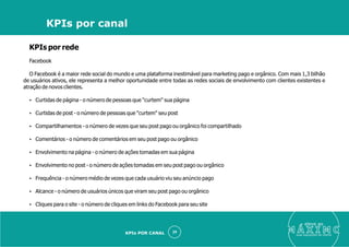 KPIs por rede
Facebook
O Facebook é a maior rede social do mundo e uma plataforma inestimável para marketing pago e orgânico. Com mais 1,3 bilhão
de usuários ativos, ele representa a melhor oportunidade entre todas as redes sociais de envolvimento com clientes existentes e
atração de novos clientes.
Ÿ Curtidas de página - o número de pessoas que "curtem" sua página
Ÿ Curtidas de post - o número de pessoas que "curtem" seu post
Ÿ Compartilhamentos - o número de vezes que seu post pago ou orgânico foi compartilhado
Ÿ Comentários - o número de comentários em seu post pago ou orgânico
Ÿ Envolvimento na página - o número de ações tomadas em sua página
Ÿ Envolvimento no post - o número de ações tomadas em seu post pago ou orgânico
Ÿ Frequência - o número médio de vezes que cada usuário viu seu anúncio pago
Ÿ Alcance - o número de usuários únicos que viram seu post pago ou orgânico
Ÿ Cliques para o site - o número de cliques em links do Facebook para seu site
eleve ao
suas aquisições de cliente
39
KPIs por canal
KPIs POR CANAL
 