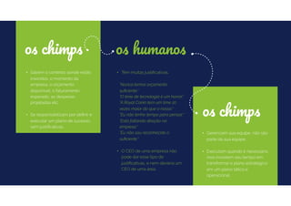 os chimps
os chimps
• Têm muitas justiﬁcativas.
"Nunca temos orçamento
suﬁciente."
"O time de tecnologia é um horror."
"A Royal Canin tem um time 10
vezes maior do que o nosso."
"Eu não tenho tempo para pensar."
"Está faltando direção na
empresa."
"Eu não sou reconhecido o
suﬁciente."
• O CEO de uma empresa não
pode dar esse tipo de
justiﬁcativas, e nem deveria um
CEO de uma área.
os humanos
• Sabem o contexto aonde estão
inseridos, o momento da
empresa, o orçamento
disponível, o faturamento
esperado, as despesas
projetadas etc.
• Se responsabilizam por deﬁnir e
executar um plano de sucesso,
sem justiﬁcativas.
• Gerenciam sua equipe, não são
parte da sua equipe.
• Executam quando é necessário,
mas investem seu tempo em
transformar o plano estratégico
em um plano tático e
operacional.
 