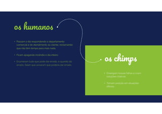 • Passam o dia respondendo o departamento
comercial e de atendimento ao cliente, reclamando
que não têm tempo para mais nada.
• Ficam apagando incêndio o dia inteiro.
• Enumeram tudo que pode dar errado, e quando dá
errado, falam que avisaram que poderia dar errado.
os humanos
os chimps
• Enxergam nossas falhas e criam
soluções criativas.
• Tomam posição em situações
difíceis.
 