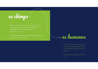 • Pensam em gerar valor para o mercado durante
o planejamento de suas ações, ganhando
Market Share, aumentando receita ou
diminuindo custos.
• Decompõe problemas em pequenos problemas
que podem ser resolvidos.
os chimps
• Ficam muito confusos entre gerar
valor, igualar especiﬁcações com
concorrentes, e estudar o preço
de venda.
• Juntam todos problemas em um
só.
os humanos
 
