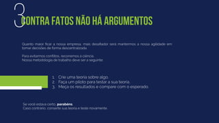 Quanto maior ﬁcar a nossa empresa, mais desaﬁador será mantermos a nossa agilidade em
tomar decisões de forma descentralizada.
Para evitarmos conﬂitos, recorremos à ciência.
Nossa metodologia de trabalho deve ser a seguinte:
3CONTRA FATOS NÃO HÁ ARGUMENTOS
Se você estava certo, parabéns.
Caso contrário, conserte sua teoria e teste novamente.
1. Crie uma teoria sobre algo.
2. Faça um piloto para testar a sua teoria.
3. Meça os resultados e compare com o esperado.
 