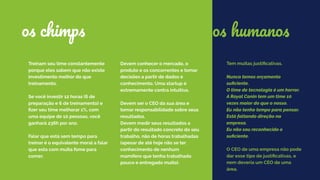 Treinam seu time constantemente
porque eles sabem que não existe
investimento melhor do que
treinamento.
Se você investir 12 horas (6 de
preparação e 6 de treinamento) e
ﬁzer seu time melhorar 1%, com
uma equipe de 10 pessoas, você
ganhará 236h por ano.
Falar que está sem tempo para
treinar é o equivalente moral a falar
que esta com muita fome para
comer.
Devem conhecer o mercado, o
produto e os concorrentes e tomar
decisões a partir de dados e
conhecimento. Uma startup é
extremamente contra intuitiva.
Devem ser o CEO da sua área e
tomar responsabilidade sobre seus
resultados.
Devem medir seus resultados a
partir do resultado concreto do seu
trabalho, não de horas trabalhadas
(apesar de até hoje não se ter
conhecimento de nenhum
mamífero que tenha trabalhado
pouco e entregado muito).
os chimps
Tem muitas justiﬁcativas.
Nunca temos orçamento
suﬁciente.
O time de tecnologia é um horror.
A Royal Canin tem um time 10
vezes maior do que o nosso.
Eu não tenho tempo para pensar.
Está faltando direção na
empresa.
Eu não sou reconhecido o
suﬁciente.
O CEO de uma empresa não pode
dar esse tipo de justiﬁcativas, e
nem deveria um CEO de uma
área.
os humanos
 