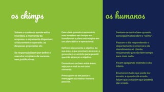 Sabem o contexto aonde estão
inseridos, o momento da
empresa, o orçamento disponível,
o faturamento esperado, as
despesas projetadas etc.
Se responsabilizam por deﬁnir e
executar um plano de sucesso,
sem justiﬁcativas.
Executam quando é necessário,
mas investem seu tempo em
transformar o plano estratégico em
um plano tático e operacional.
Deﬁnem claramente o objetivo da
sua área, o que precisam alcançar, e
gerenciam o caminho para garantir
que irão alcançar o objetivo.
Comunicam-se bem entre áreas,
seja por e-mail ou em uma
conversa.
Preocupam-se em passar a
mensagem da melhor maneira
possível.
os chimps
Sentem-se muito bem quando
conseguem descobrir o “como”.
Passam o dia respondendo o
departamento comercial e de
atendimento ao cliente,
reclamando que não têm tempo
para mais nada.
Ficam apagando incêndio o dia
inteiro.
Enumeram tudo que pode dar
errado, e quando dá errado,
falam que avisaram que poderia
dar errado.
os humanos
 