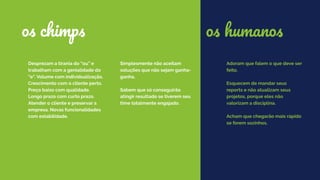 Desprezam a tirania do “ou” e
trabalham com a genialidade do
“e”. Volume com individualização.
Crescimento com o cliente perto.
Preço baixo com qualidade.
Longo prazo com curto prazo.
Atender o cliente e preservar a
empresa. Novas funcionalidades
com estabilidade.
Simplesmente não aceitam
soluções que não sejam ganha-
ganha.
Sabem que só conseguirão
atingir resultado se tiverem seu
time totalmente engajado.
os chimps
Adoram que falem o que deve ser
feito.
Esquecem de mandar seus
reports e não atualizam seus
projetos, porque eles não
valorizam a disciplina.
Acham que chegarão mais rápido
se forem sozinhos.
os humanos
 
