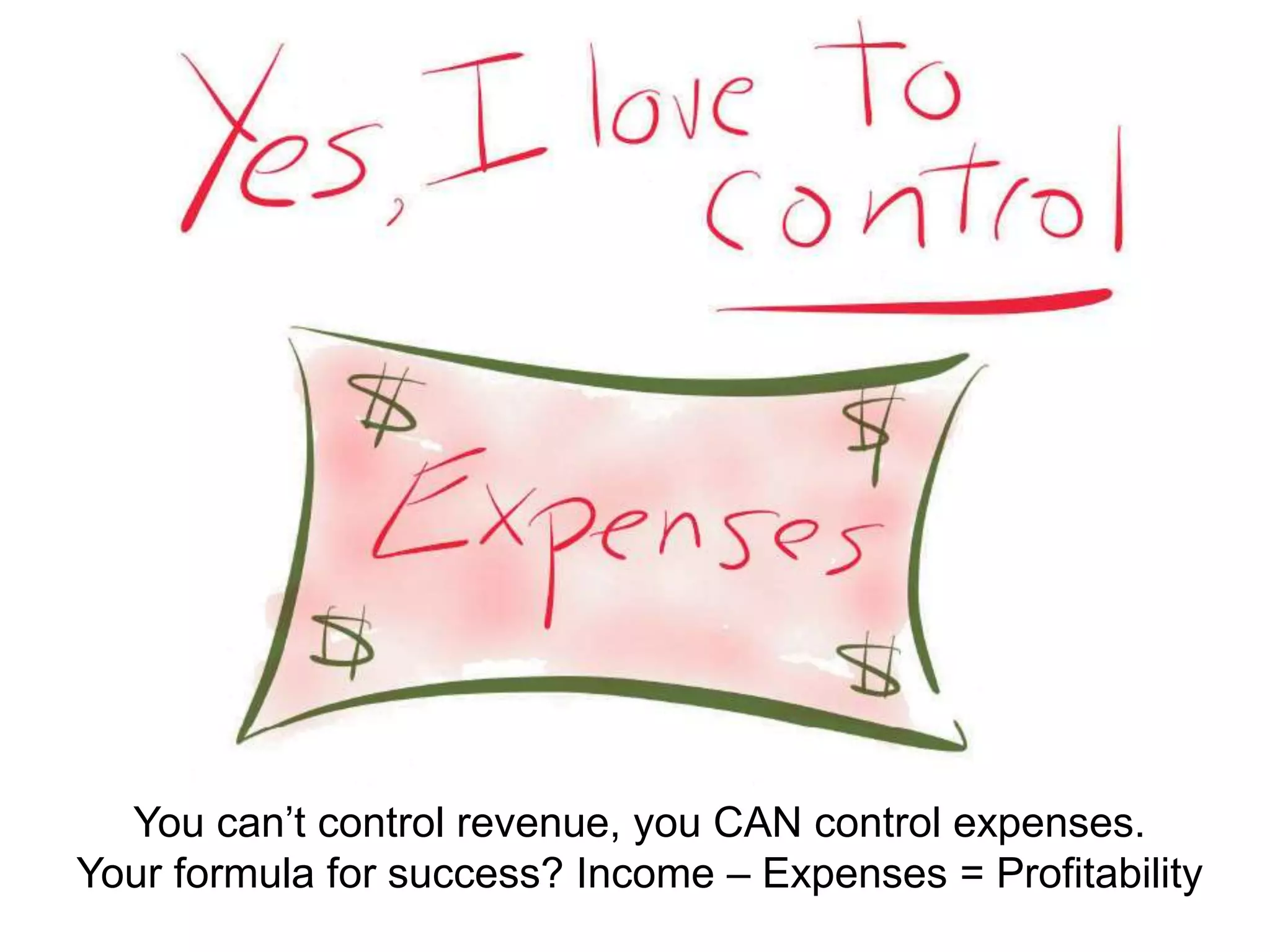 You can’t control revenue, you CAN control expenses. 
Your formula for success? Income – Expenses = Profitability 
 