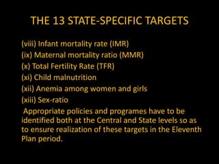 Achievement And Growth Rate:1.Growth of national and per capita income:  National incomeAverage Gr. 3.4% and PCI 1.2%.2.Rise in life expectancy: 1951-32 years, 2001-64 years.3.Development of a huge educational system:4.Development of science and technology: 5.Development of agriculture leading to self sufficiency in food grains and raw materials: Land reform/NAS/Green Revolution. 4% growth in this sector.6.Impressive industrialisation in the capital goods sector with the help of the public sector:  industries during British period were related to consumers’ goods such as matches, sugar, cotton, etc.