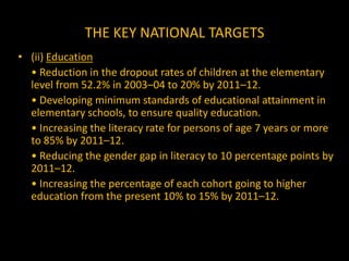 THE KEY NATIONAL TARGETS(iii) Health	• Infant mortality rate (IMR) to be reduced to 28 and maternal mortality ratio (MMR) to 1 per 1000 live births by the end of the Eleventh Plan.	• Total Fertility Rate to be reduced to 2.1 by the end of the Eleventh Plan.	• Clean drinking water to be available for all by 2009, ensuring that there are no slip-backs by the end of the Eleventh Plan.	• Malnutrition among children of age group 0–3 to be reduced to half its present level by the end of the Eleventh Plan.	• Anaemia among women and girls to be reduced to half its present level by the end of the Eleventh Plan. 