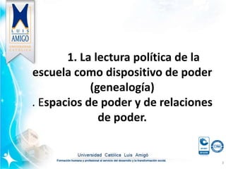 1. La lectura política de la
escuela como dispositivo de poder
(genealogía)
. Espacios de poder y de relaciones
de poder.
3
 