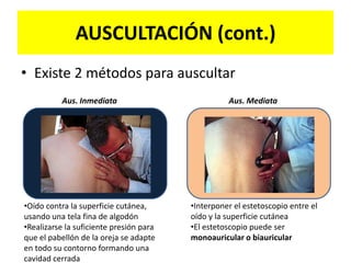 PERCUSIÓN (cont.)Algoritmo de la percusión:Posición adecuada del dedo plesímetro.Posición adecuada del dedo percutor.Movimientos de extensión y flexión de muñeca con ligero balanceo de antebrazo y brazo.Golpear perpendicularmente con el borde distal del dedo, sin uña larga.Dar solo dos golpes en el mismo lugar.Evaluar el tipo de sonoridad obtenida.