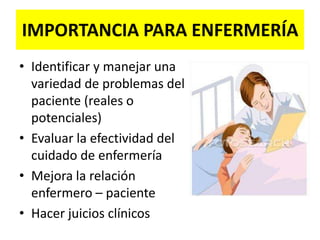 IMPORTANCIA PARA ENFERMERÍAIdentificar y manejar una variedad de problemas del paciente (reales o potenciales)